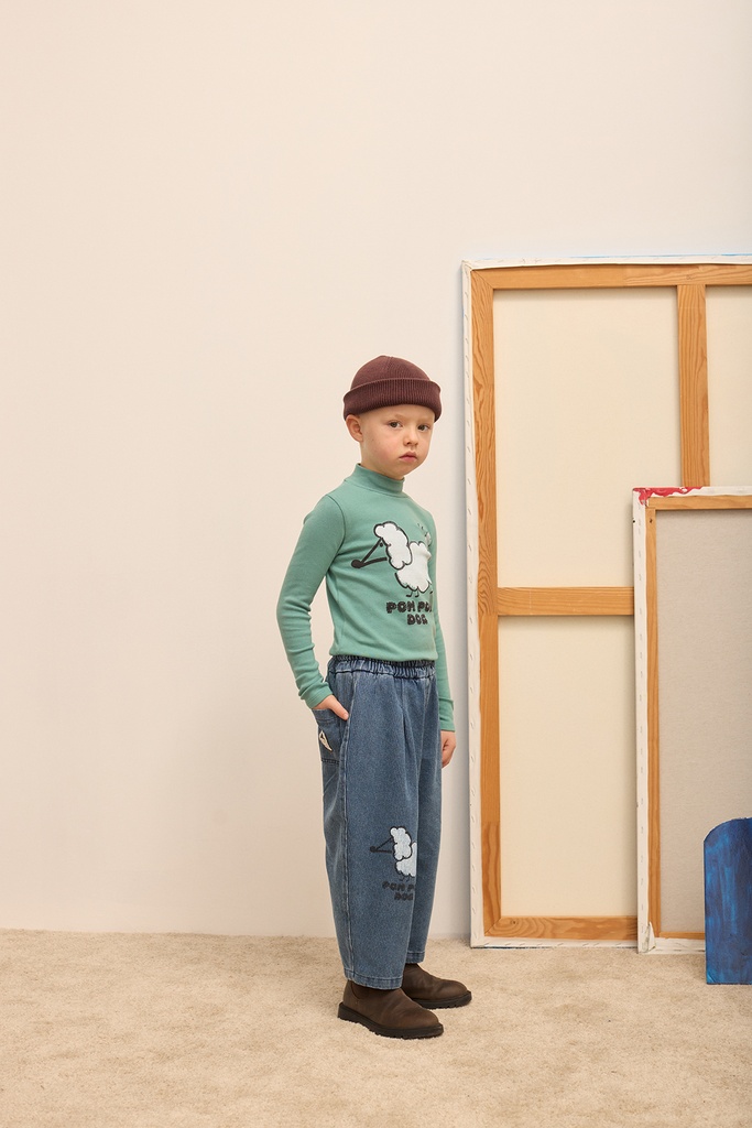 Weekend House Kids - Pom pom dog denim pants (Blue) - 1 - Babette Oostduinkerke