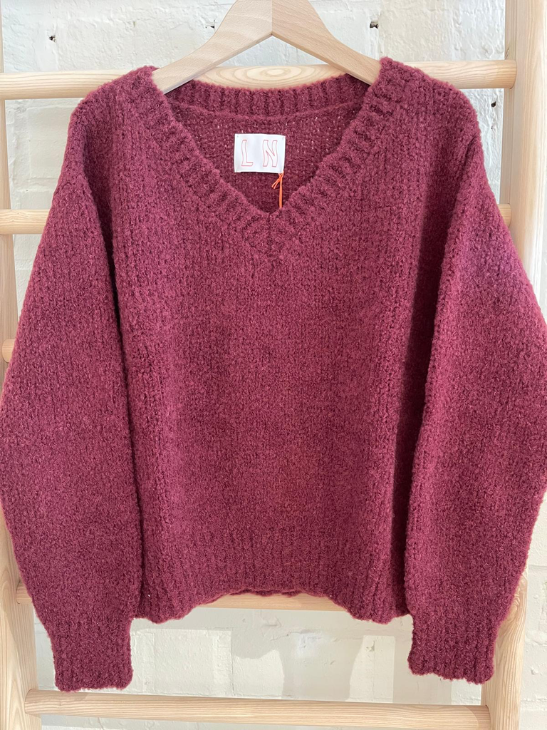 Ln - V-neck wavy Jumper Burgundy 