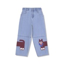Wynken - feline wrapped jean - mid washed denim / cats