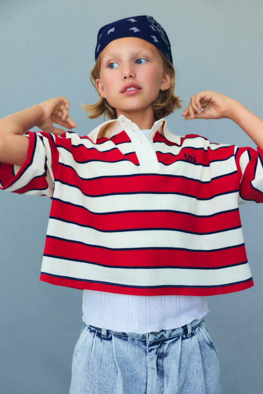 The New Society - Acacia  teen  polo - Tulip red & midnight stripes