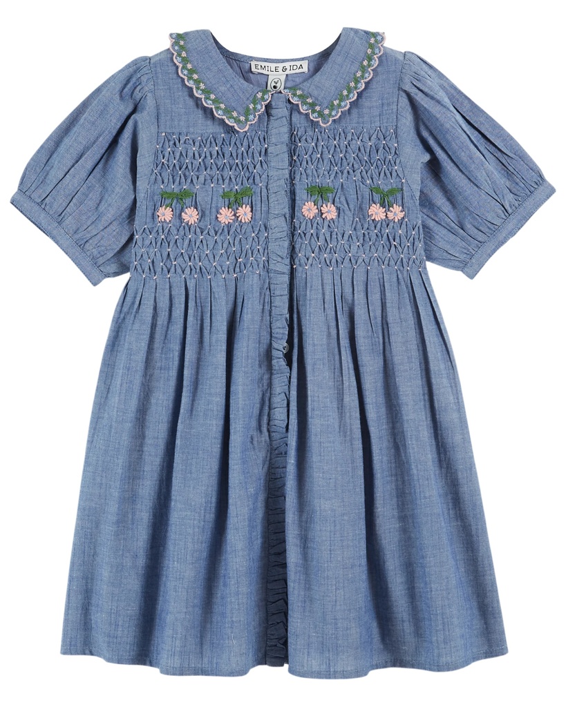 Emile & Ida - Robe brodee smocks main - Chambray (ad156a) (2 jaar)