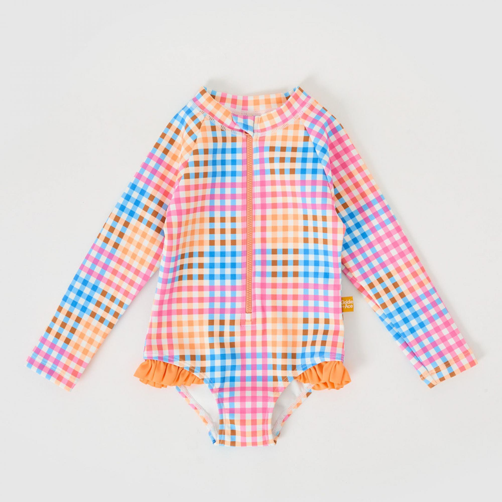 Goldie and Ace - Rainbow gingham long sleeve frill swimsuit (2 jaar)