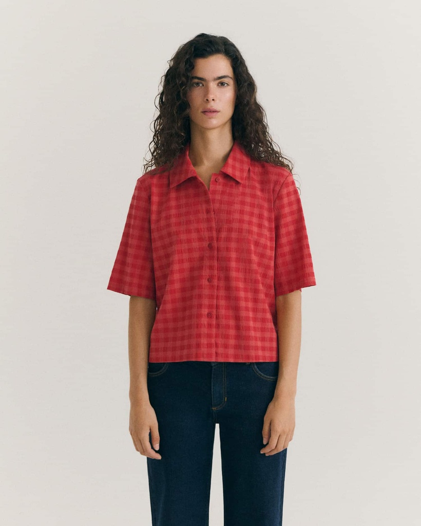 Thinking Mu - Red checks seersucker ane blouse (XS - 34)
