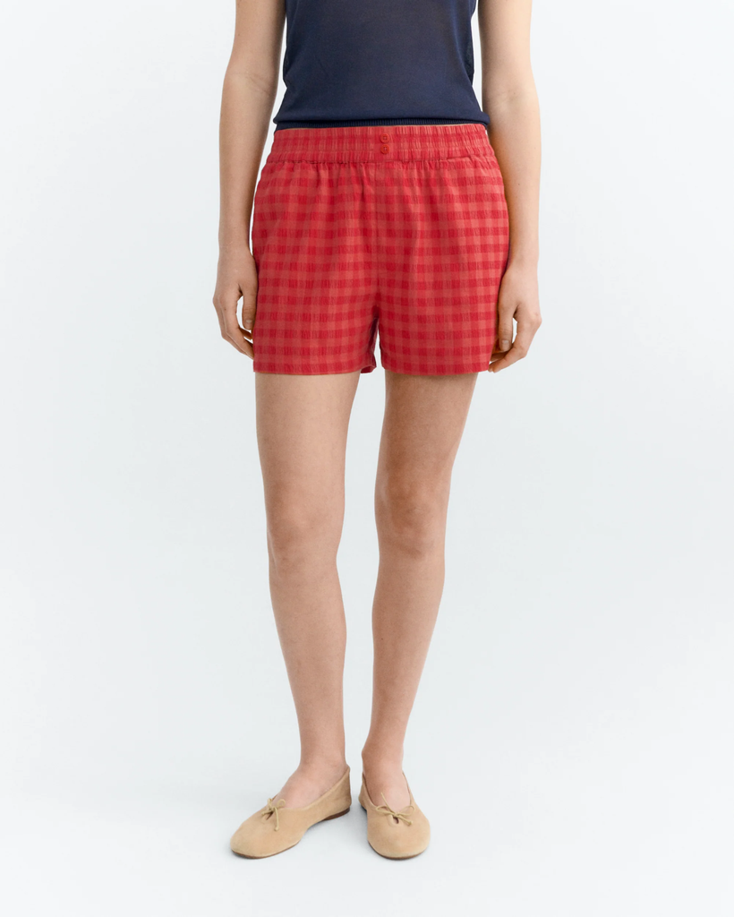 Thinking Mu - Red checks seersucker geraldine shorts