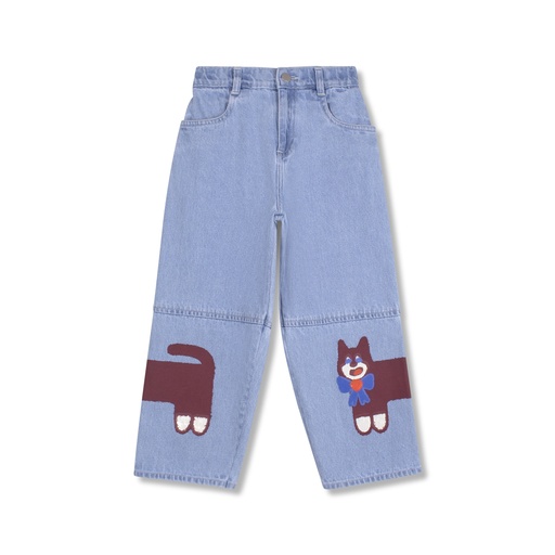 Wynken - feline wrapped jean - mid washed denim / cats
